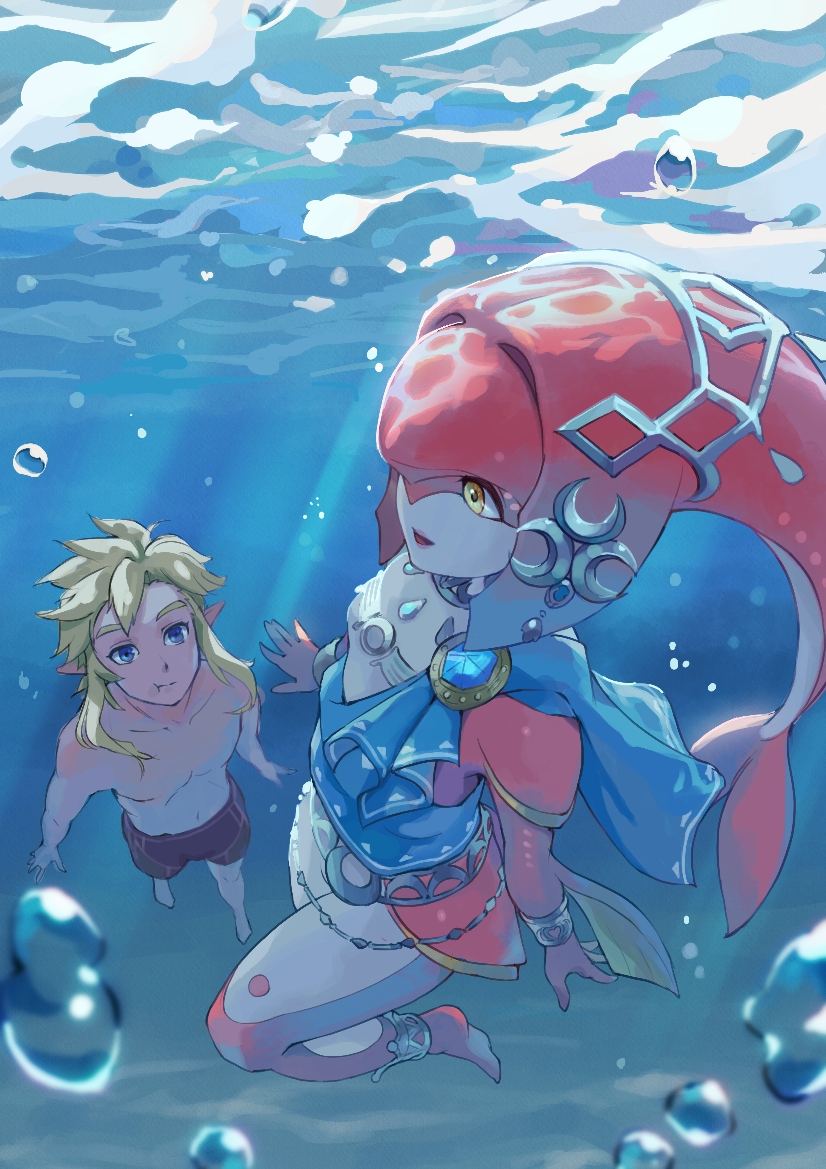 1boy 1girl :i bangs blonde_hair breasts collarbone colored_skin fins fish_girl gxp hair_ornament jewelry link long_hair male_swimwear mipha monster_girl multicolored_skin no_eyebrows pointy_ears red_skin redhead small_breasts smile the_legend_of_zelda underwater water yellow_eyes zora