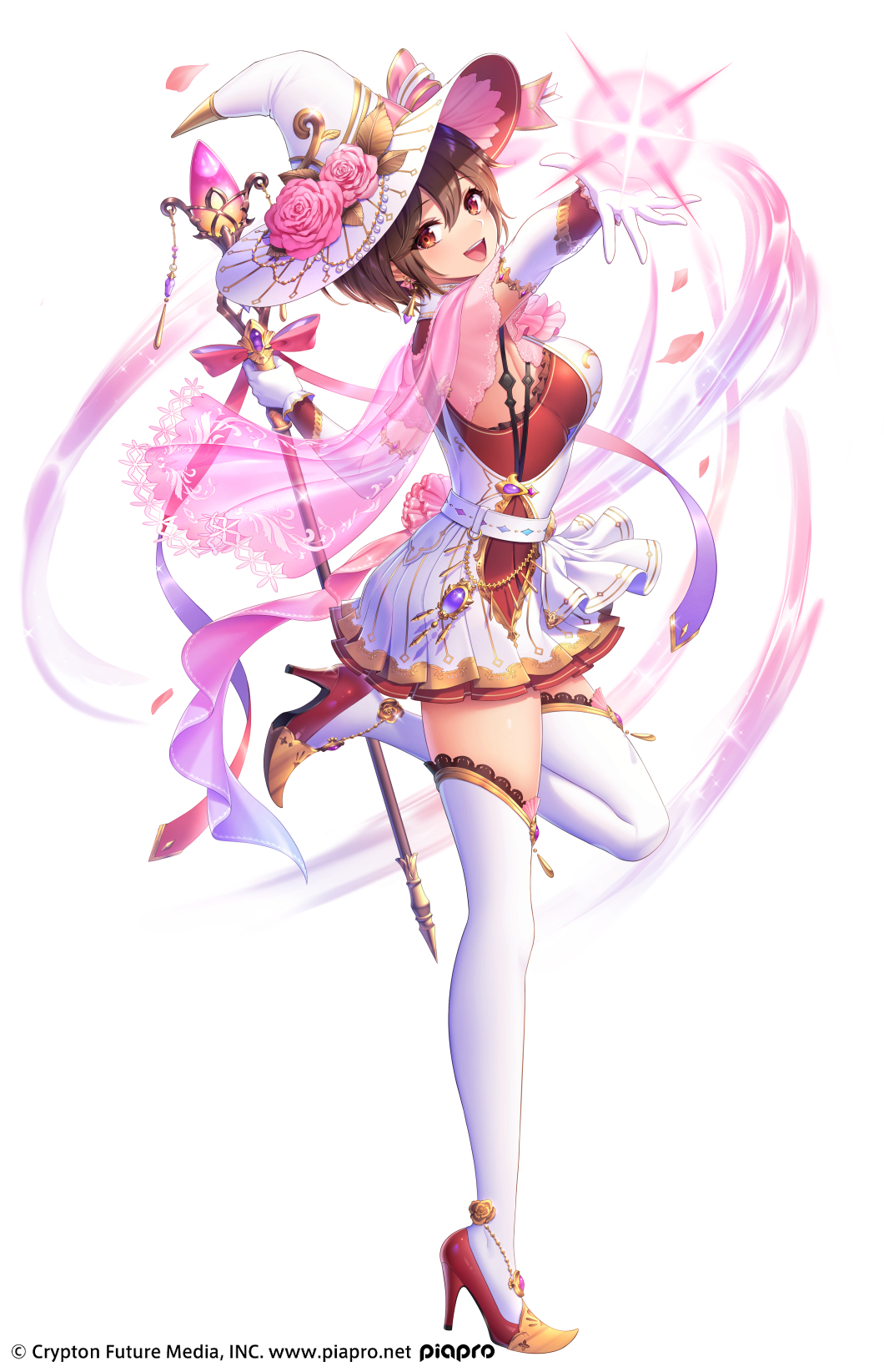 1girl :d brown_hair detached_sleeves dress flower full_body hand_up hat hat_flower hatsune_miku_graphy_collection high_heels highres leg_up magic meiko milcho official_art pink_flower pink_rose red_eyes ribbon rose short_hair smile solo staff thigh-highs vocaloid white_background witch_hat