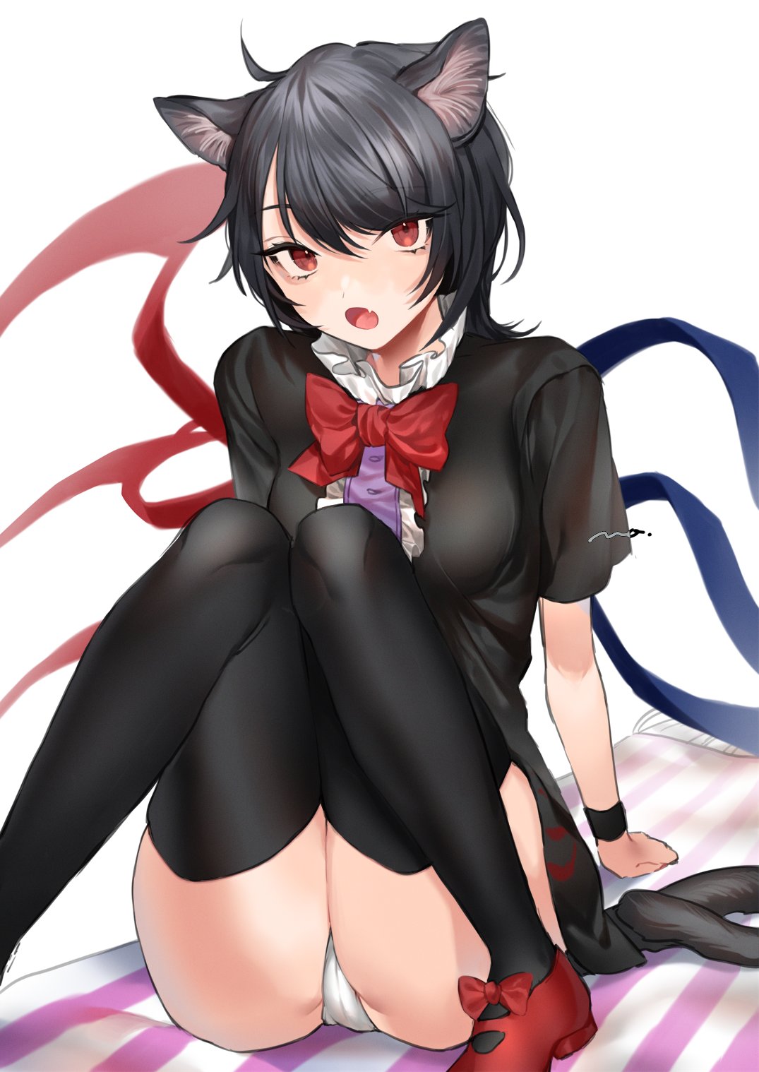 1girl animal_ears arm_support asymmetrical_wings black_hair black_legwear blush cat_ears fang foot_out_of_frame highres houjuu_nue kemonomimi_mode knees_together_feet_apart makita_(vector1525) open_mouth red_eyes short_hair simple_background skin_fang solo thigh-highs touhou white_background wings
