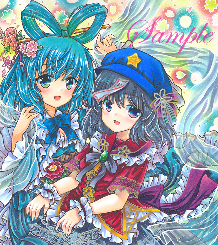 2girls :d back_bow black_skirt blue_bow blue_bowtie blue_dress blue_hair blue_headwear bow bowtie cabbie_hat camellia chinese_clothes cowboy_shot dress fang floral_background flower frilled_bow frilled_dress frilled_shirt_collar frilled_sleeves frills grey_hair hagoromo hair_flower hair_ornament hair_ribbon hair_rings hair_stick hat hat_ribbon kaku_seiga long_sleeves looking_at_viewer marker_(medium) medium_hair miyako_yoshika multiple_girls ofuda_on_head open_mouth outstretched_arms pink_flower purple_bow purple_ribbon red_flower ribbon rui_(sugar3) sample shawl short_sleeves skin_fang skirt smile star_(symbol) tangzhuang touhou traditional_media wide_sleeves wrist_cuffs zombie_pose