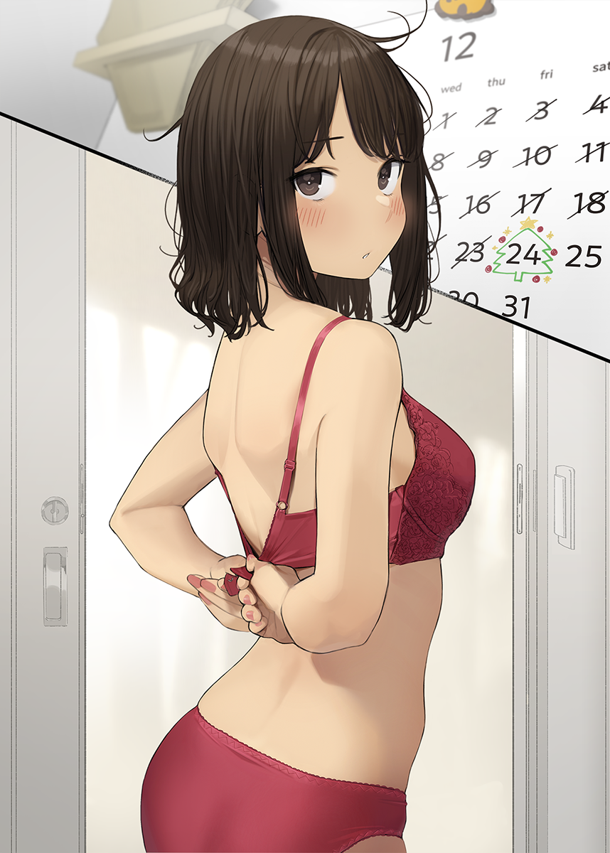 1girl adjusting_underwear arms_behind_back blush bra brown_eyes brown_hair calendar_(object) commentary_request douki-chan_(douki-chan) from_behind ganbare_douki-chan highres looking_at_viewer messy_hair panties red_bra red_panties short_hair solo underwear underwear_only yomu_(sgt_epper)