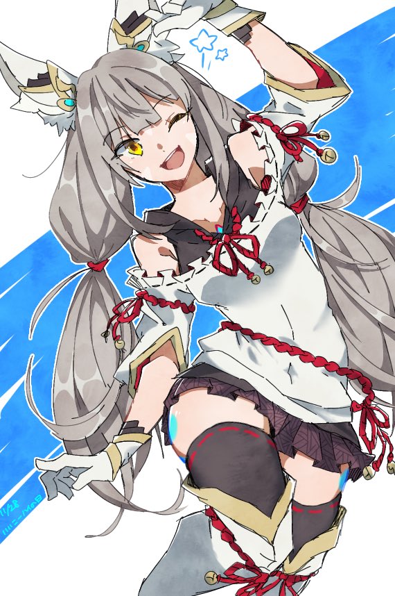 1girl adapted_costume alternate_costume animal_ears bangs blunt_bangs breasts cat_ears chest_jewel facial_mark long_hair low_twintails mugimugis nia_(blade)_(xenoblade) nia_(xenoblade) silver_hair small_breasts solo twintails very_long_hair xenoblade_chronicles_(series) xenoblade_chronicles_2