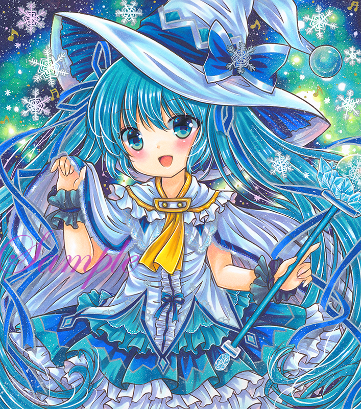 1girl ascot beamed_sixteenth_notes blue_background blue_eyes blue_hair blue_ribbon blue_skirt blue_theme cape cowboy_shot eighth_note eyebrows_visible_through_hair frilled_shirt_collar frilled_skirt frills hair_between_eyes hair_ribbon hat hat_ribbon hatsune_miku holding holding_cape holding_clothes holding_staff ice large_hat long_hair looking_at_viewer marker_(medium) musical_note ribbon rui_(sugar3) sample shirt skirt snowflakes solo staff traditional_media twintails very_long_hair vocaloid white_cape white_headwear white_shirt witch_hat wrist_cuffs yellow_ascot yuki_miku yuki_miku_(2014)