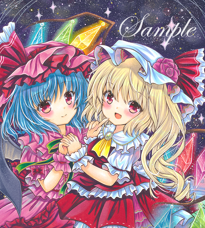 2girls :d ascot back_bow bat_wings black_wings blonde_hair blue_hair bow brooch closed_mouth cowboy_shot crystal dark_background eyebrows_visible_through_hair fang flandre_scarlet flower frilled_bow frilled_hat frilled_shirt frilled_shirt_collar frills green_brooch green_ribbon hat hat_ribbon head_tilt holding_hands interlocked_fingers jewelry marker_(medium) mob_cap multiple_girls neck_ribbon open_mouth pink_flower pink_headwear pink_rose pink_shirt pink_skirt puffy_short_sleeves puffy_sleeves rainbow_order red_bow red_eyes red_ribbon red_skirt red_vest remilia_scarlet ribbon rose rui_(sugar3) sample shirt short_sleeves siblings side_ponytail sisters skin_fang skirt skirt_set sleeve_ribbon smile touhou traditional_media vest white_bow white_headwear white_shirt wings wrist_cuffs yellow_ascot