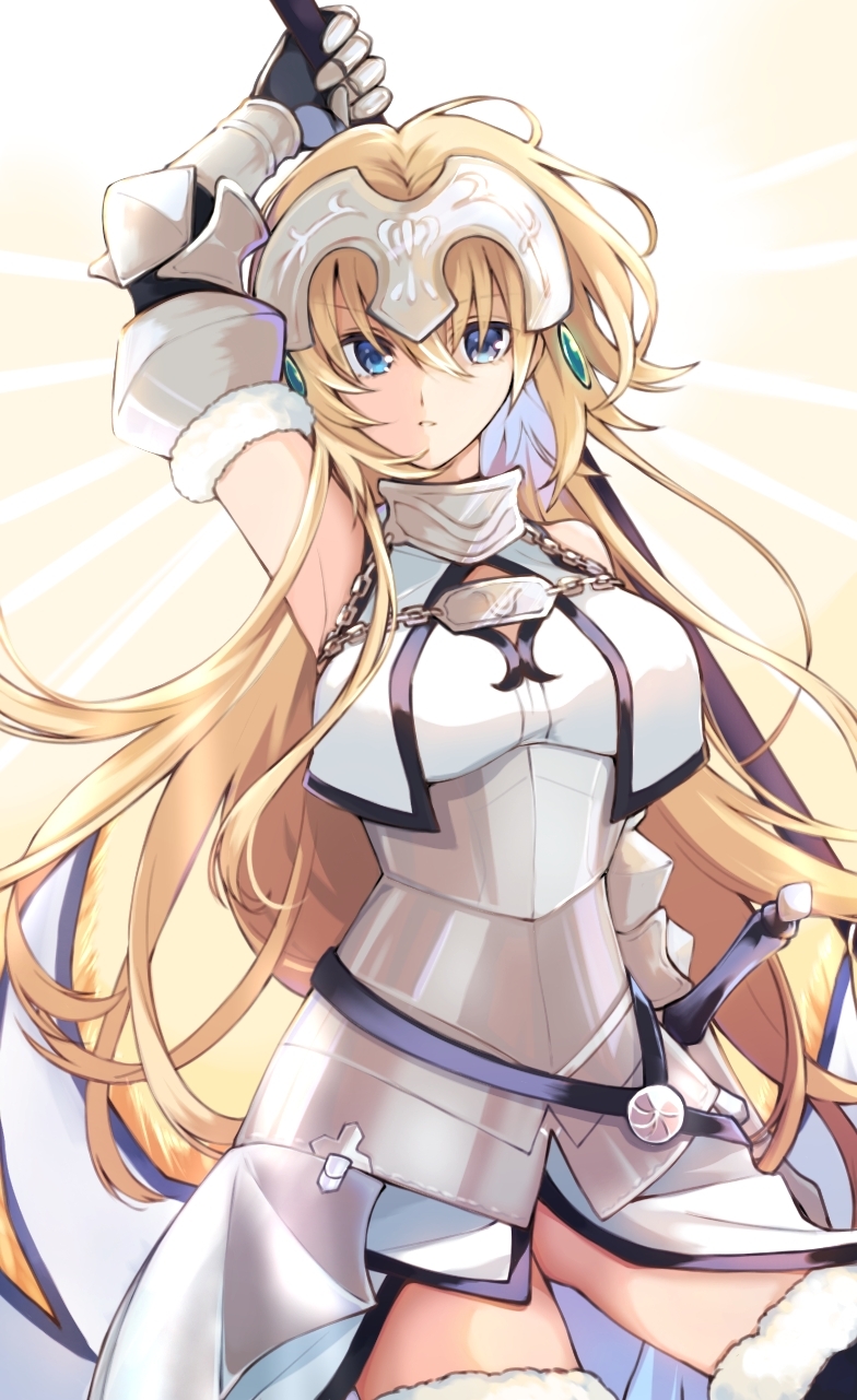 1girl armor armpits ass_visible_through_thighs bare_shoulders blonde_hair blue_eyes breasts chain cowboy_shot eyebrows_visible_through_hair fate/apocrypha fate_(series) gauntlets hair_between_eyes highres jeanne_d'arc_(fate) jeanne_d'arc_(fate/apocrypha) long_hair looking_at_viewer maru_(pixiv51714255) medium_breasts solo sword thigh-highs weapon