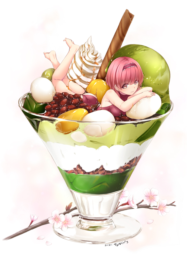 1girl bangs bare_arms bare_legs bare_shoulders barefoot blunt_bangs branch breasts character_request chobipero commentary_request cup drinking_glass feet_up flower food food_request hairband ice_cream in_container in_cup in_food looking_at_viewer lying medium_hair minigirl mochi on_stomach one-piece_swimsuit petals pink_flower pink_hair red_bean_ice_cream red_eyes red_sweater smile soft_serve solo sweater swimsuit tenka_hyakken the_pose white_background white_flower