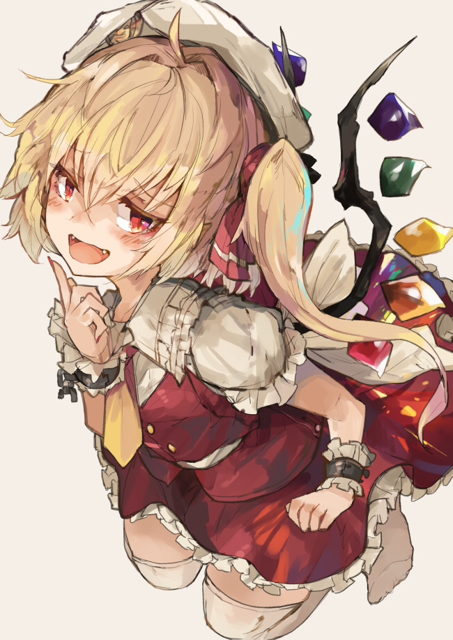 1girl ascot back_bow bangs banned_artist blonde_hair blush bow commentary_request crystal eyebrows_visible_through_hair fangs flandre_scarlet frilled_shirt frilled_shirt_collar frilled_skirt frilled_sleeves frills hair_between_eyes hat hat_ribbon looking_at_viewer mob_cap one_side_up open_mouth puffy_short_sleeves puffy_sleeves red_bow red_eyes red_ribbon red_skirt red_vest ribbon shirt short_hair short_sleeves simple_background skirt smile solo thigh-highs touhou vest white_background white_bow white_legwear white_shirt wings wrist_cuffs yellow_ascot zairen