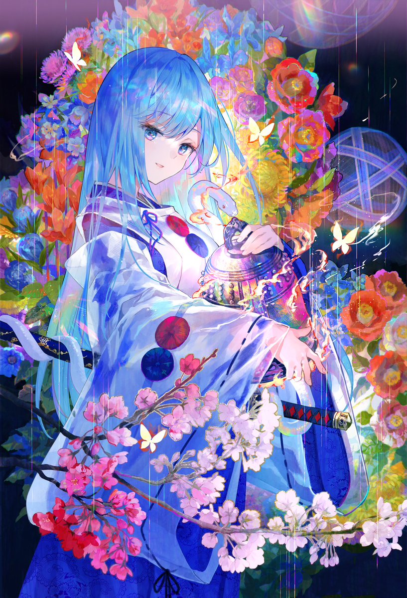 1girl ball bangs blue_eyes blue_hair blush breasts bug butterfly emori_miku emori_miku_project eyebrows_visible_through_hair flower fuzichoco hair_between_eyes katana kiyohime long_hair looking_at_viewer medium_breasts parted_lips rain smile snake solo standing sword very_long_hair weapon white_snake