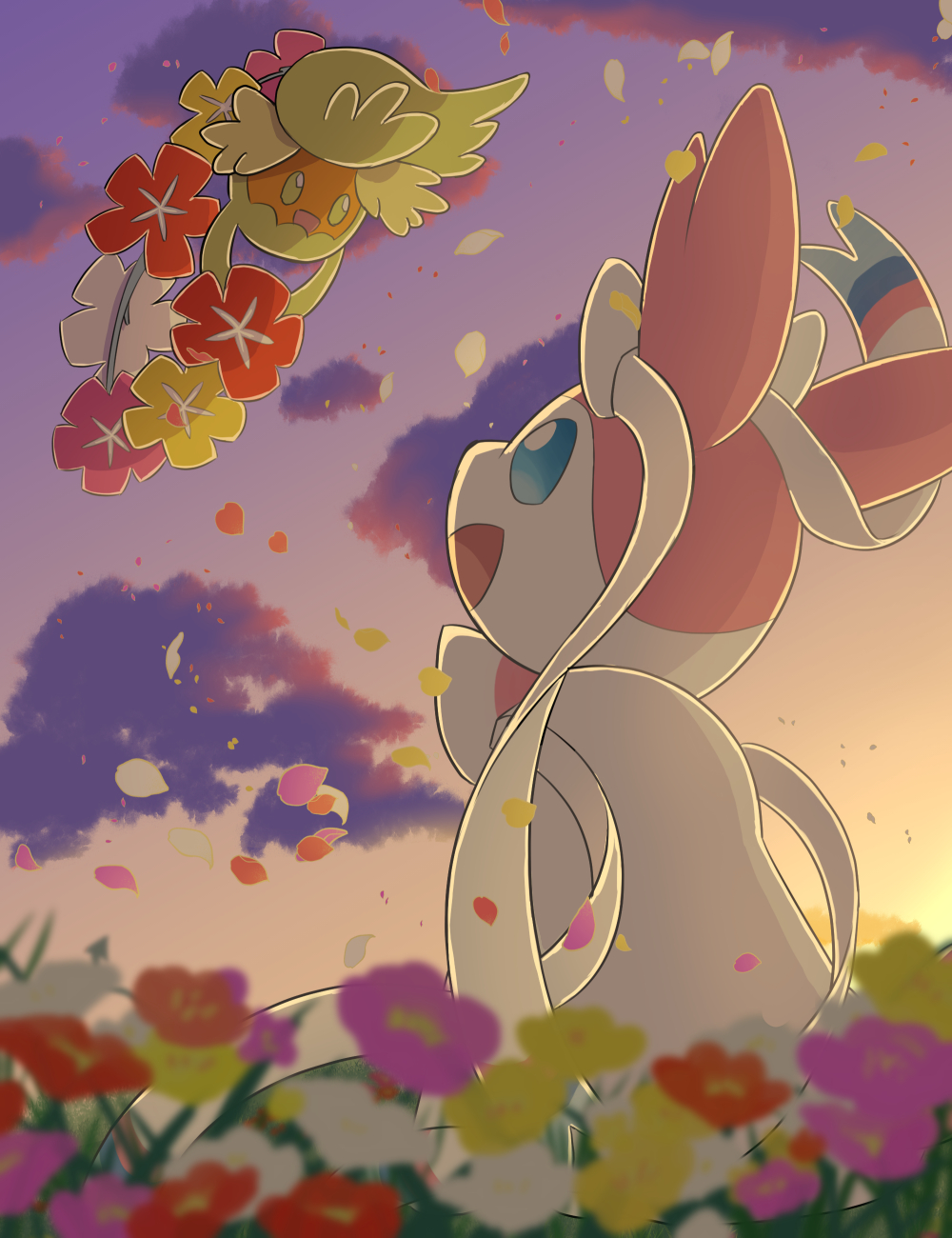 blue_eyes clouds comfey commentary_request eye_contact flower from_below green_eyes highres looking_at_another no_humans open_mouth outdoors petals pokemon pokemon_(creature) rumine_(yoshi1234567) sky smile sylveon twilight