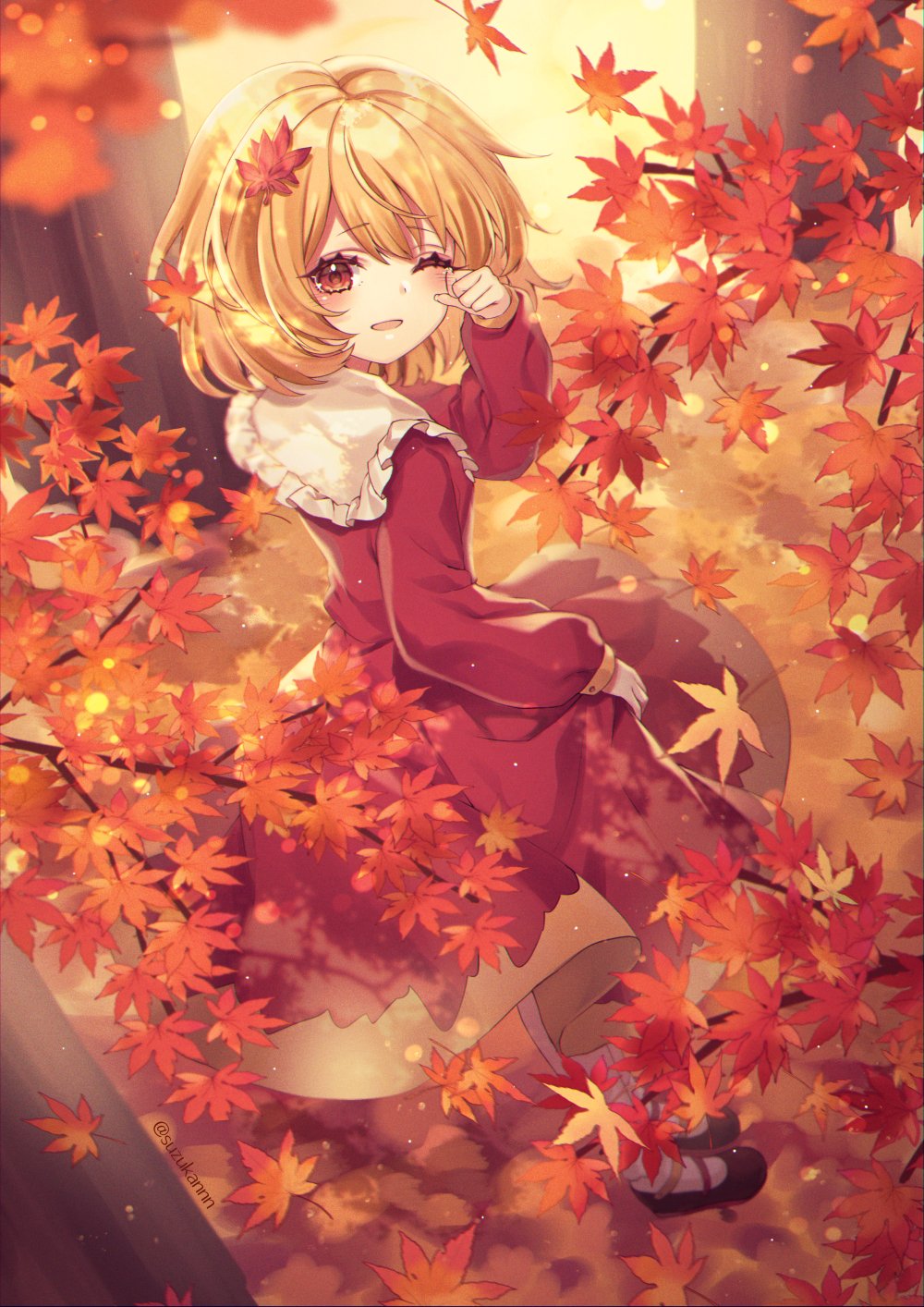 1girl aki_shizuha arm_up autumn_leaves bangs black_footwear blonde_hair bob_cut bobby_socks brown_shirt brown_skirt buttons closed_mouth collared_shirt commentary_request curly_hair eyebrows_visible_through_hair floral_background floral_print flower full_body hair_ornament highres kyouda_suzuka leaf leaf_hair_ornament leaf_on_head light_smile loafers long_sleeves looking_at_viewer maple_leaf one_eye_closed outstretched_arms petals shirt shoes short_hair skirt skirt_hold skirt_set socks solo swept_bangs touhou white_background white_legwear wide_sleeves yellow_eyes