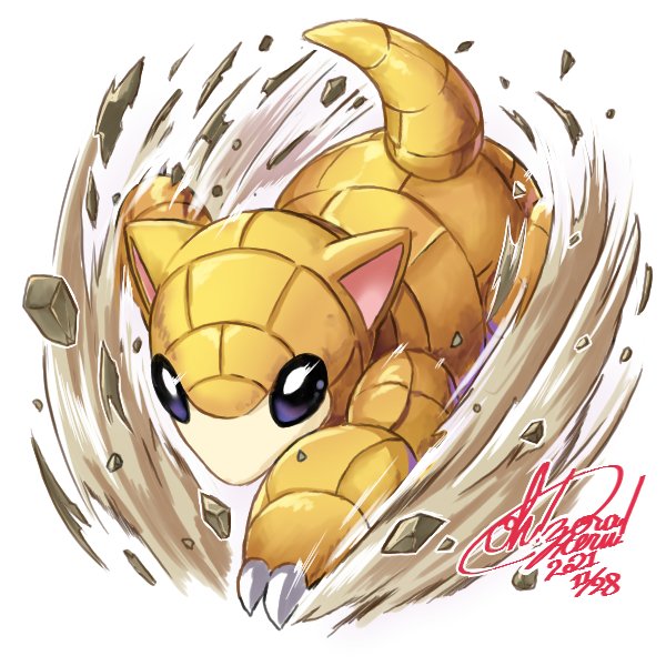 black_eyes claws commentary_request dated digging full_body no_humans ooike_teru pokemon pokemon_(creature) rock sandshrew signature simple_background solo white_background
