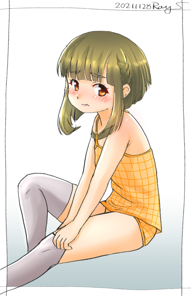 1girl bob_cut braid brown_eyes camisole gradient gradient_background green_hair grey_legwear kantai_collection looking_at_viewer one-hour_drawing_challenge panties ray.s short_hair short_hair_with_long_locks sidelocks solo takanami_(kancolle) thigh-highs underwear white_background yellow_camisole yellow_panties