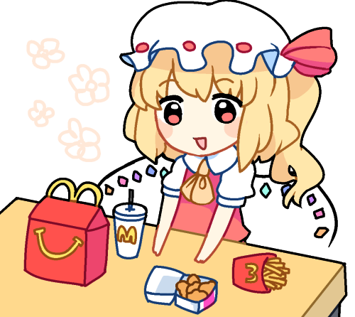 1girl bad_id bad_twitter_id blonde_hair blush chibi crystal eyebrows_visible_through_hair flandre_scarlet food french_fries happy_meal hat hat_ribbon kotdesu lowres mcdonald's medium_hair mob_cap open_mouth puffy_short_sleeves puffy_sleeves red_eyes red_ribbon red_vest ribbon ribbon-trimmed_headwear ribbon_trim shirt short_sleeves side_ponytail simple_background touhou vest white_background white_headwear white_shirt wings