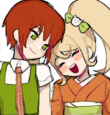 2girls :d bangs barry_nah blush blush_stickers bow cat_hair_ornament closed_eyes collared_shirt danganronpa_(series) danganronpa_2:_goodbye_despair dress facing_viewer freckles green_dress green_eyes grey_background hair_bow hair_ornament japanese_clothes kimono koizumi_mahiru long_hair looking_at_another lowres multiple_girls necktie obi orange_bow orange_kimono plaid_necktie ponytail red_necktie redhead saionji_hiyoko sash shirt short_hair short_sleeves simple_background smile teeth upper_body upper_teeth white_necktie yuri