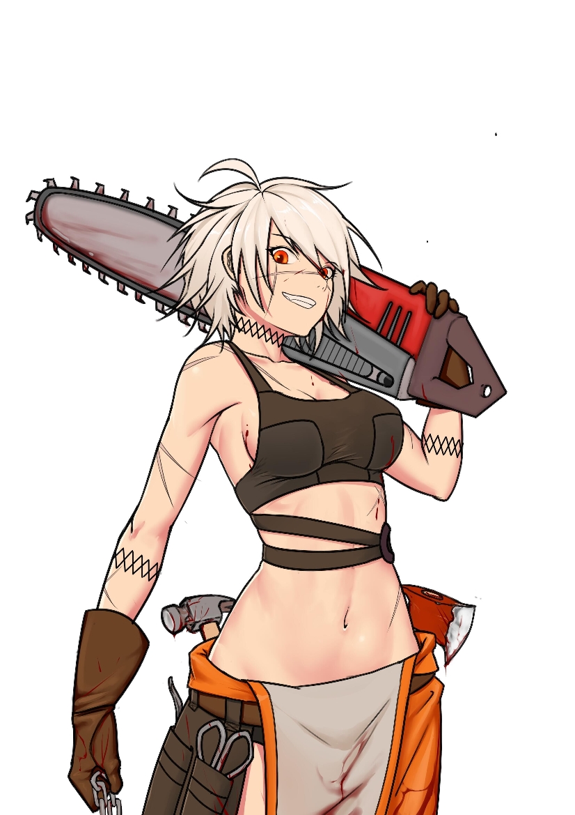 apron axe belt black_bra black_survival blood blood_splatter bra breasts brown_gloves chain chainsaw eternal_return:_black_survival fire_axe gloves hammer jackie_quilt large_breasts orange_apron red_eyes scar scissors short_hair tattoo underwear wang_mu white_hair