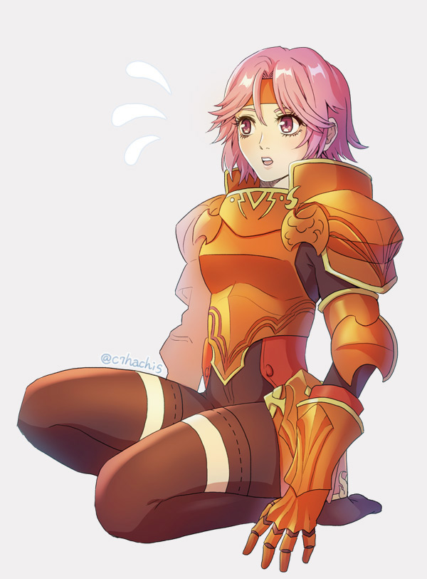 1girl armor c7hachis fire_emblem fire_emblem:_the_binding_blade full_body gwendolyn_(fire_emblem) headband kneeling looking_to_the_side medium_hair open_mouth pink_eyes pink_hair solo thigh-highs