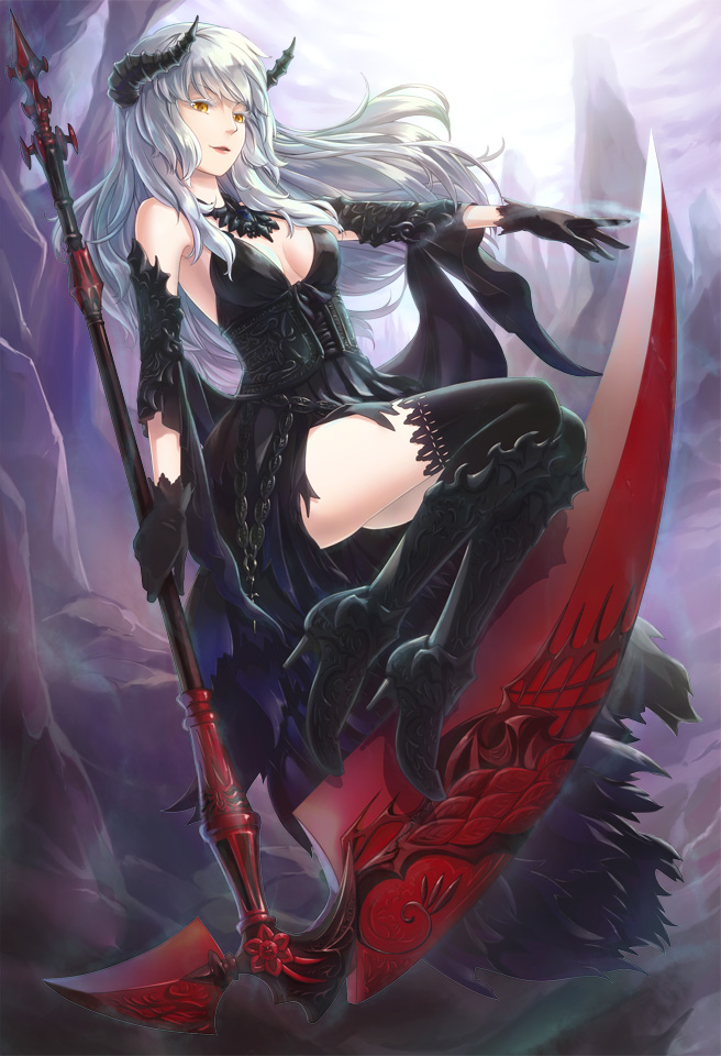 1girl bangs black_dress black_footwear black_gloves black_horns black_legwear boots breasts colored_eyelashes commentary_request corset dress full_body gloves holding holding_scythe horns jewelry lace-trimmed_legwear lace_trim long_hair looking_at_viewer medium_breasts natsuya_(kuttuki) necklace open_mouth scythe sleeveless sleeveless_dress smile solo thigh-highs venus_blade white_hair yellow_eyes