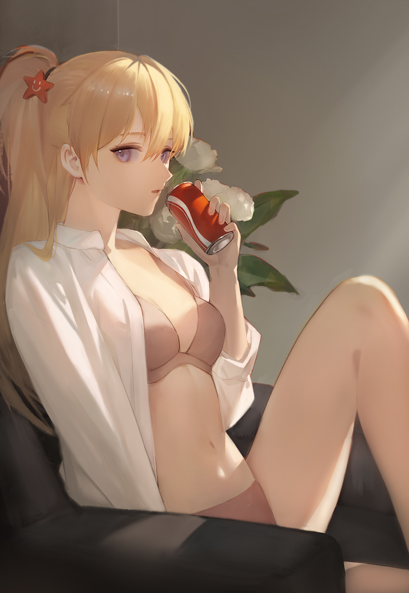 1girl bare_legs bilibilida blonde_hair bra can chinese_commentary commentary_request feet_out_of_frame flower grey_bra grey_panties hair_ornament highres holding holding_can indoors leaf long_hair long_sleeves looking_at_viewer neon_genesis_evangelion no_pants open_clothes open_shirt panties parted_lips ponytail shirt sitting soda_can solo souryuu_asuka_langley star_(symbol) star_hair_ornament underwear violet_eyes white_flower white_shirt