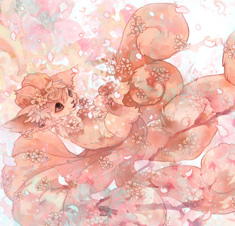 brown_eyes commentary_request flower full_body looking_up mokunami no_humans open_mouth petals pokemon pokemon_(creature) smile solo toes vulpix