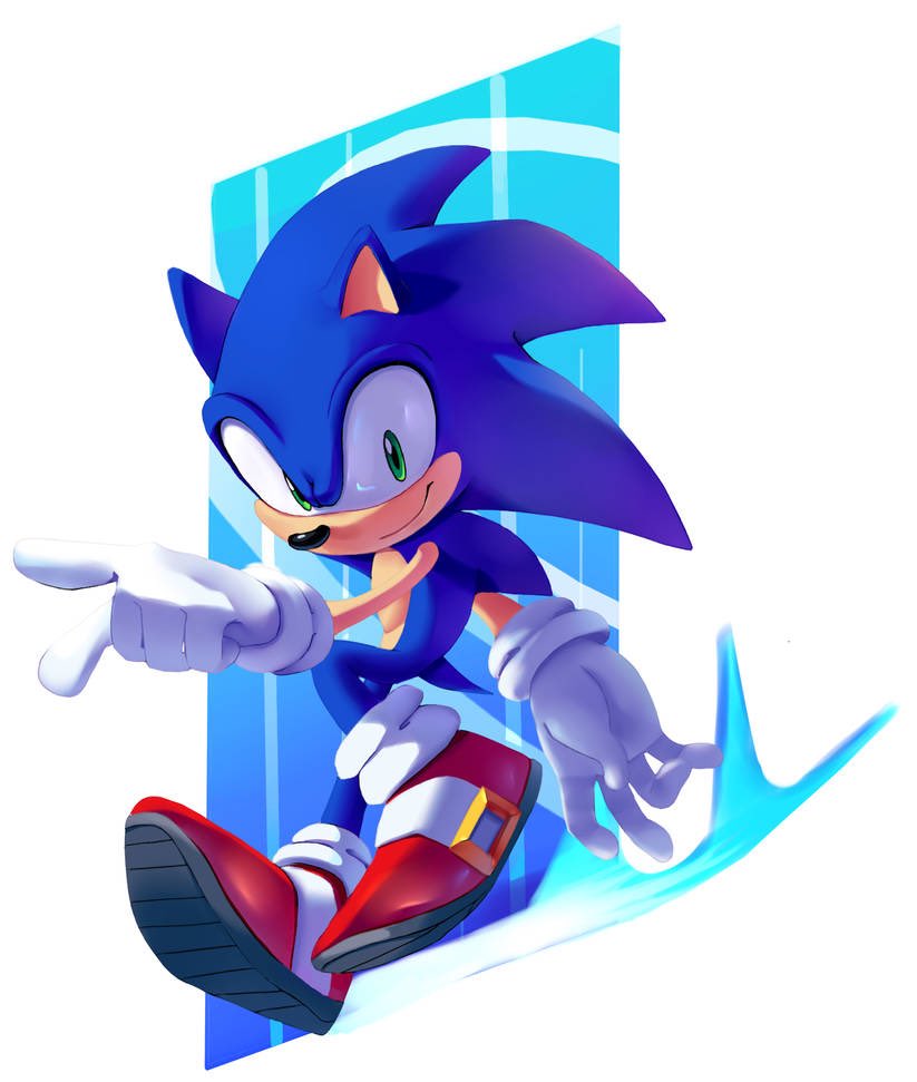 1boy chaosc0ntr0l gloves green_eyes hedgehog_ears looking_down male_focus pointing red_footwear running smile solo sonic_(series) sonic_the_hedgehog white_gloves