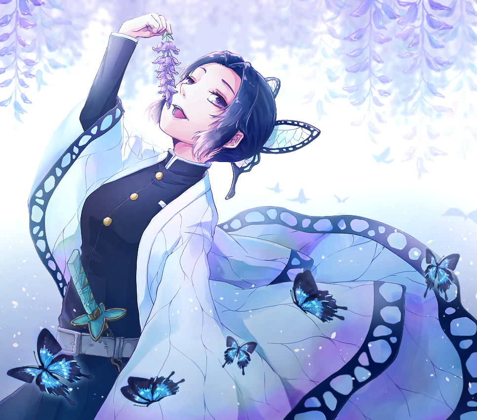 1girl bug butterfly butterfly_hair_ornament c_aracr flower hair_ornament kimetsu_no_yaiba kochou_shinobu looking_at_viewer open_mouth purple_flower solo violet_eyes