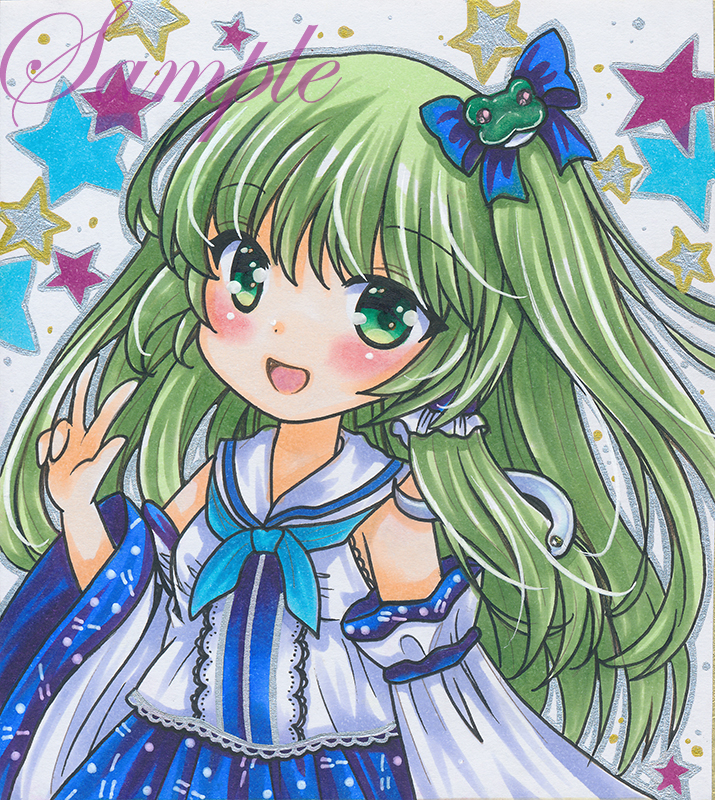 1girl :d alternate_costume bangs blue_bow blue_neckerchief blue_skirt blush bow cowboy_shot detached_sleeves dot_nose eyebrows_visible_through_hair frilled_hair_tubes frills frog_hair_ornament green_eyes green_hair hair_bow hair_ornament hair_tubes hand_up kochiya_sanae lace-trimmed_shirt lace_trim long_hair looking_at_viewer marker_(medium) neckerchief outline rui_(sugar3) sailor_collar sample shirt side_ponytail sidelocks skirt sleeveless sleeveless_shirt smile snake_hair_ornament solo standing star_(symbol) starry_background touhou traditional_media v white_background white_sleeves