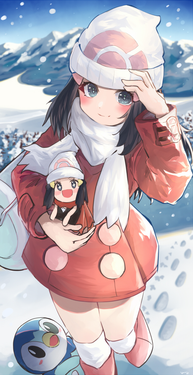 2girls beanie black_hair blush blush_stickers boots carrying chibi closed_mouth coat commentary_request day dual_persona e-co eyelashes footprints grey_eyes hat highres hikari_(pokemon) long_hair long_sleeves looking_at_viewer minigirl multiple_girls outdoors over-kneehighs pink_footwear piplup pokemon pokemon_(creature) pokemon_(game) pokemon_bdsp pokemon_dppt pokemon_platinum red_coat scarf smile snow split_mouth standing thigh-highs white_headwear white_legwear white_scarf