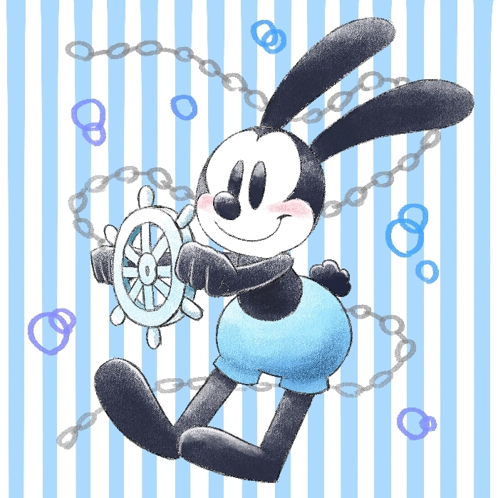 1boy animal anthro blue_background blue_pants blush blush_stickers bubble bunny chain cute disney disneyland furry_male leporid male_focus mammal no_humans oswald_the_lucky_rabbit rabbit rabbit_boy rabbit_ears steamboat_willie wheel