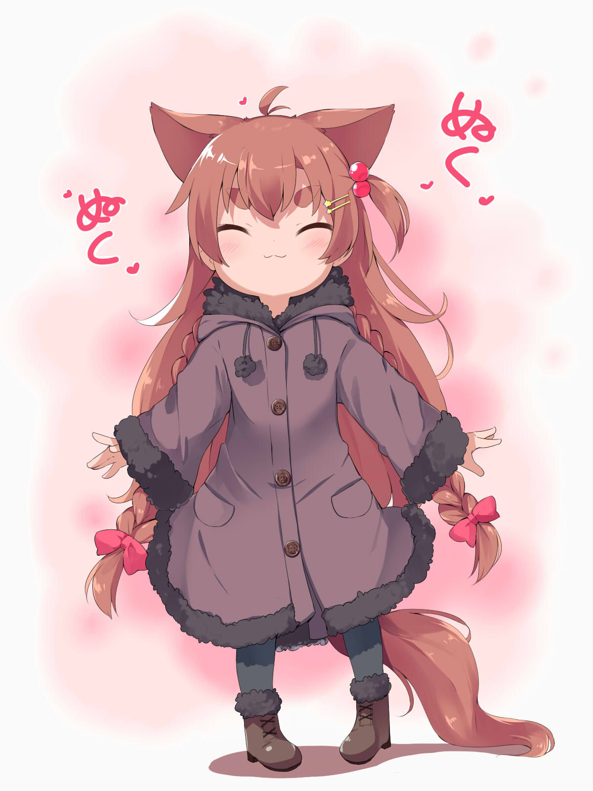 1girl :3 ^_^ animal_ears antenna_hair black_legwear boots bow braid brown_coat brown_footwear brown_hair closed_eyes closed_mouth coat commentary_request dog_ears dog_girl dog_tail facing_viewer full_body fur-trimmed_boots fur-trimmed_coat fur-trimmed_sleeves fur_trim hair_bobbles hair_bow hair_ornament hairclip heart highres long_hair long_sleeves makuran momiji_(makuran) one_side_up original pantyhose pigeon-toed red_bow short_eyebrows sleeves_past_wrists solo standing star_(symbol) star_hair_ornament tail thick_eyebrows translation_request twin_braids v-shaped_eyebrows very_long_hair