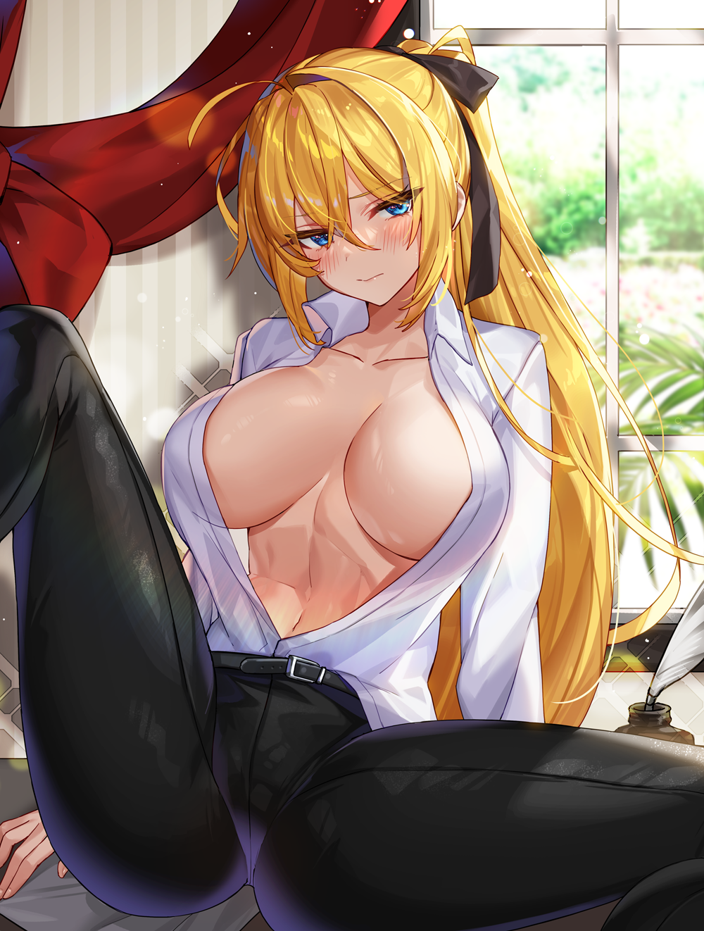 1girl 3: ahoge ass belt black_pants blonde_hair blue_eyes breasts closed_mouth collarbone collared_shirt copyright_request dress_shirt hair_ribbon highres hwansang_jungdog knee_up large_breasts long_hair looking_at_viewer navel no_bra official_art open_clothes open_shirt pants ponytail ribbon shirt sitting solo spread_legs stomach very_long_hair white_shirt