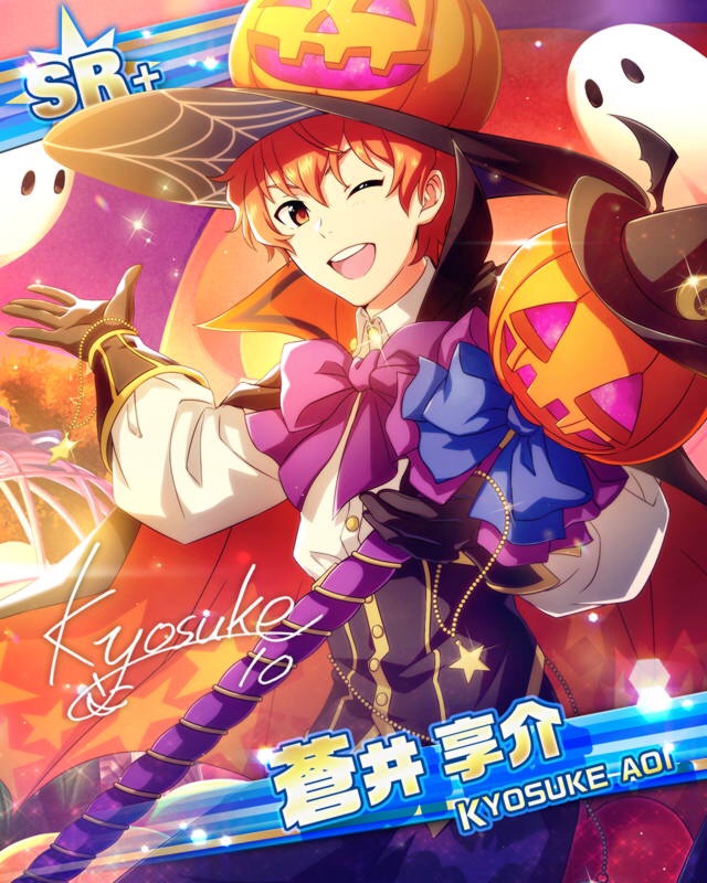 aoi_kyosuke capw character_name halloween hat idolmaster idolmaster_side-m orange_hair red_eyes short_hair smile wink