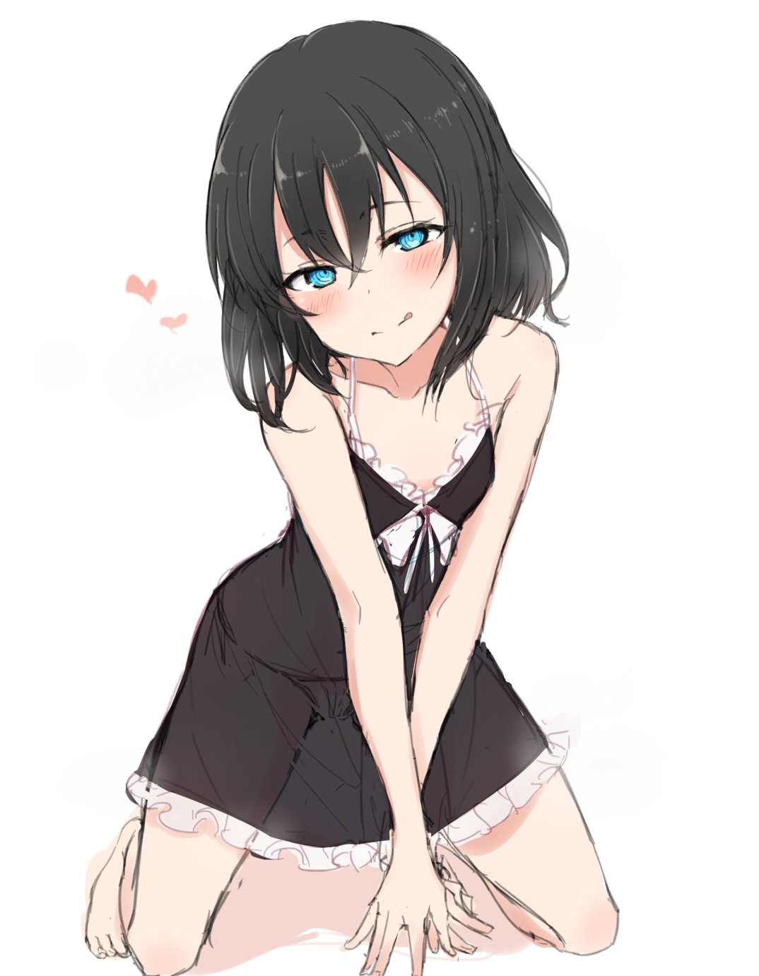 1girl :q bangs bare_arms bare_legs bare_shoulders barefoot black_dress black_hair blue_eyes blush breasts collarbone commentary dress eyebrows_visible_through_hair frilled_dress frills hair_between_eyes head_tilt heart highres kneeling looking_at_viewer medium_hair nonono_(mino) original see-through simple_background sketch slave-chan_(mino) small_breasts solo split_mouth tongue tongue_out white_background