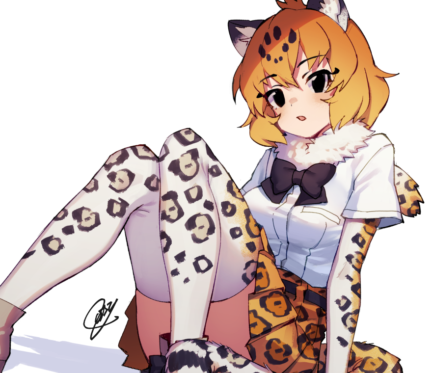 1girl animal_ears black_bow black_bowtie blonde_hair blush bow bowtie commentary_request elbow_gloves eyebrows_visible_through_hair fur_collar gloves hatagaya high-waist_skirt jaguar_(kemono_friends) jaguar_ears jaguar_girl jaguar_print jaguar_tail kemono_friends looking_at_viewer pleated_skirt print_gloves print_legwear print_skirt shirt short_hair short_sleeves sitting skirt solo tail thigh-highs white_gloves white_legwear white_shirt zettai_ryouiki