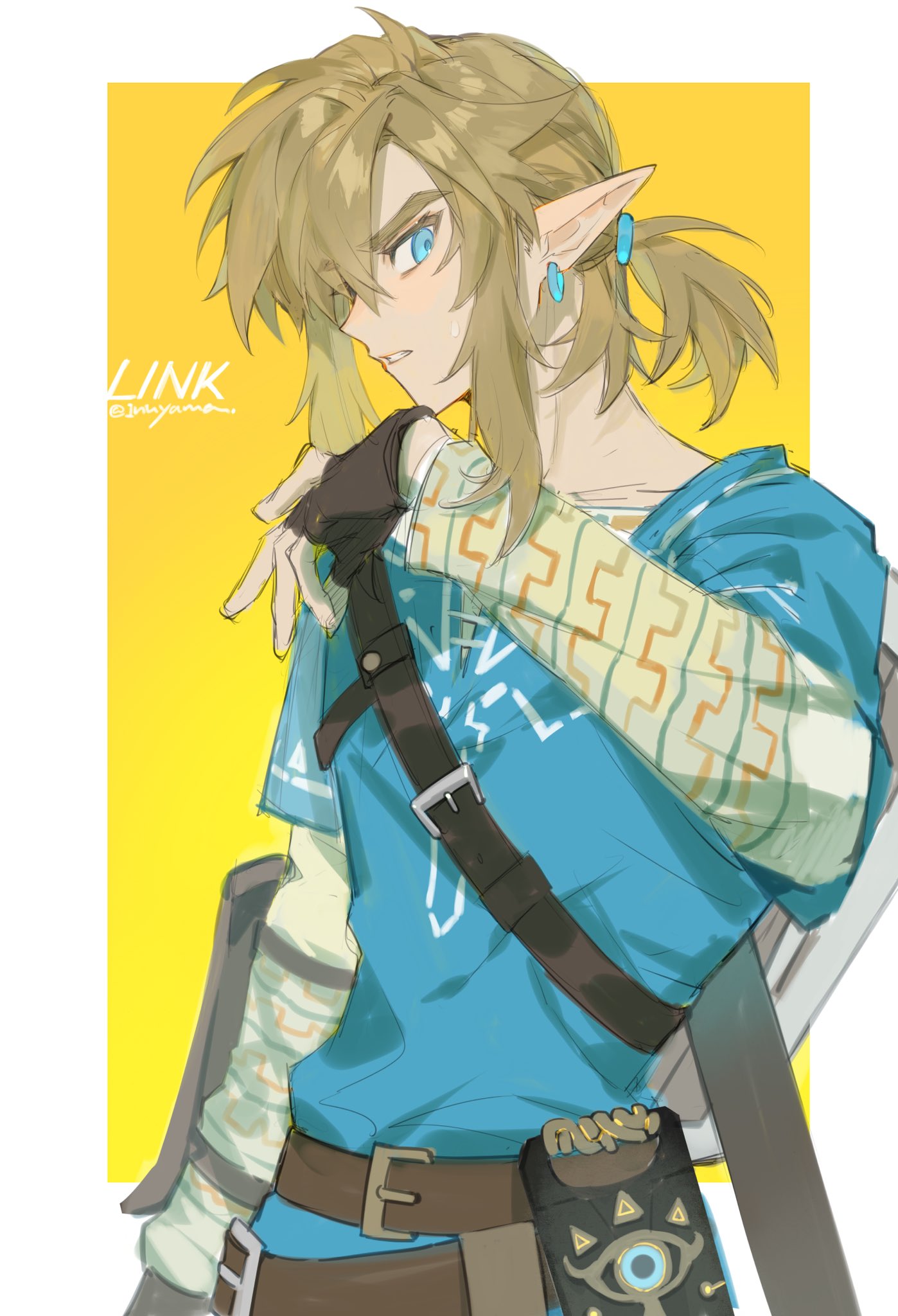 1boy armor bangs belt black_gloves blonde_hair blue_eyes blush brown_belt character_name earrings fingerless_gloves gloves hair_between_eyes highres inuyama_(inuhill) jewelry link male_focus parted_lips pointy_ears ponytail sheath sheikah_slate shield simple_background solo sweat the_legend_of_zelda the_legend_of_zelda:_breath_of_the_wild tunic twitter_username two-tone_background upper_body
