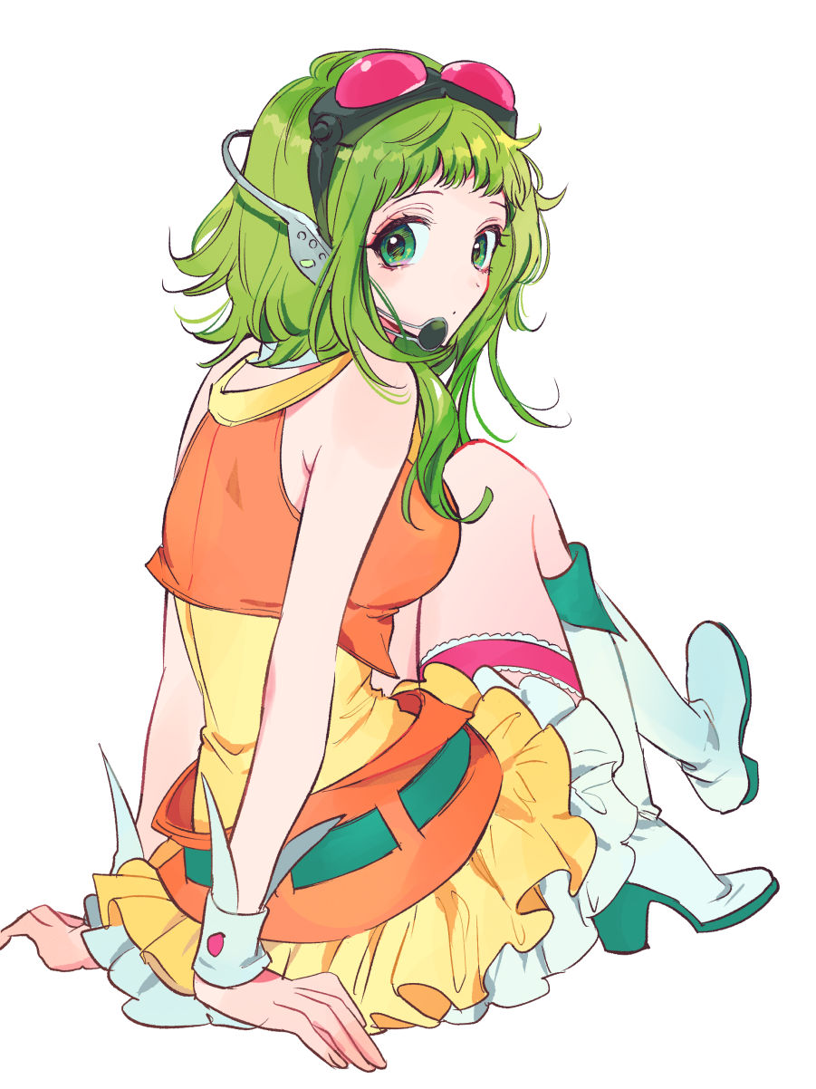 1girl akiyama_enma arms_behind_back bare_arms bare_shoulders boots commentary crossed_legs dot_mouth frilled_skirt frills from_behind goggles goggles_on_head green_eyes green_hair gumi headphones headset high_heel_boots high_heels highres jacket knee_boots knees_up layered_skirt looking_at_viewer looking_back medium_hair miniskirt orange_jacket orange_skirt red_goggles shirt sitting skirt solo thigh_strap vocaloid wrist_cuffs yellow_shirt