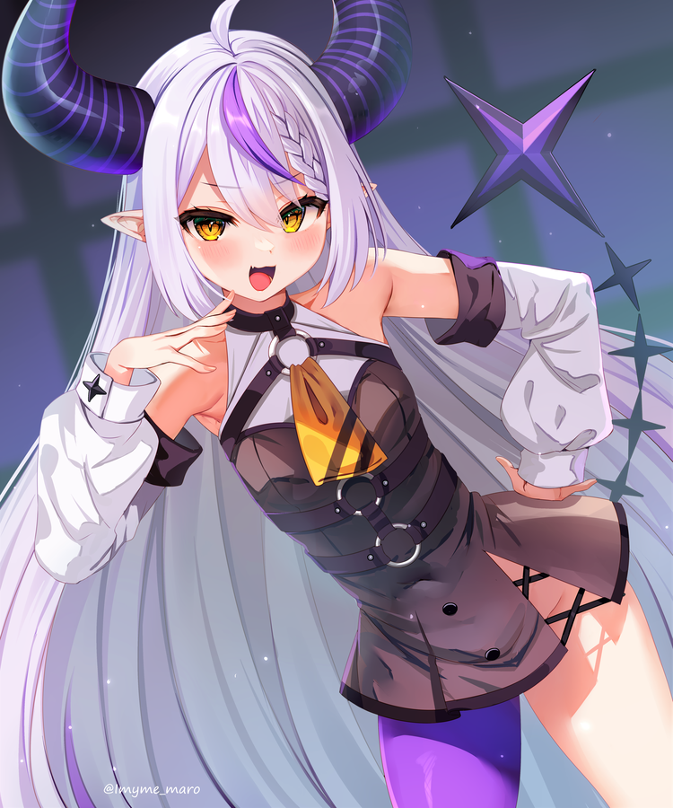 1girl :d ahoge armpits bare_shoulders black_dress braid cowboy_shot demon_horns detached_sleeves dress hand_on_hip hand_up hololive horns la+_darknesss long_hair long_sleeves looking_at_viewer marota multicolored_hair no_panties pointy_ears purple_legwear short_dress sidelocks single_leg_pantyhose sleeveless sleeveless_dress smile solo streaked_hair thighs very_long_hair virtual_youtuber white_hair yellow_eyes