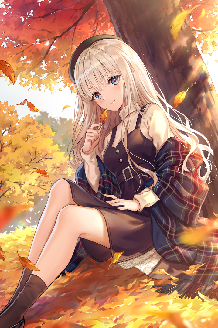 1girl autumn_leaves bangs black_dress black_footwear blue_eyes breasts brown_legwear closed_mouth commentary_request day dress eyebrows_visible_through_hair feet_out_of_frame fringe_trim knees_up lazuri7 long_hair long_sleeves looking_at_viewer original outdoors plaid plaid_scarf scarf shirt shoes silver_hair sitting sleeveless sleeveless_dress small_breasts smile socks solo tree very_long_hair white_shirt