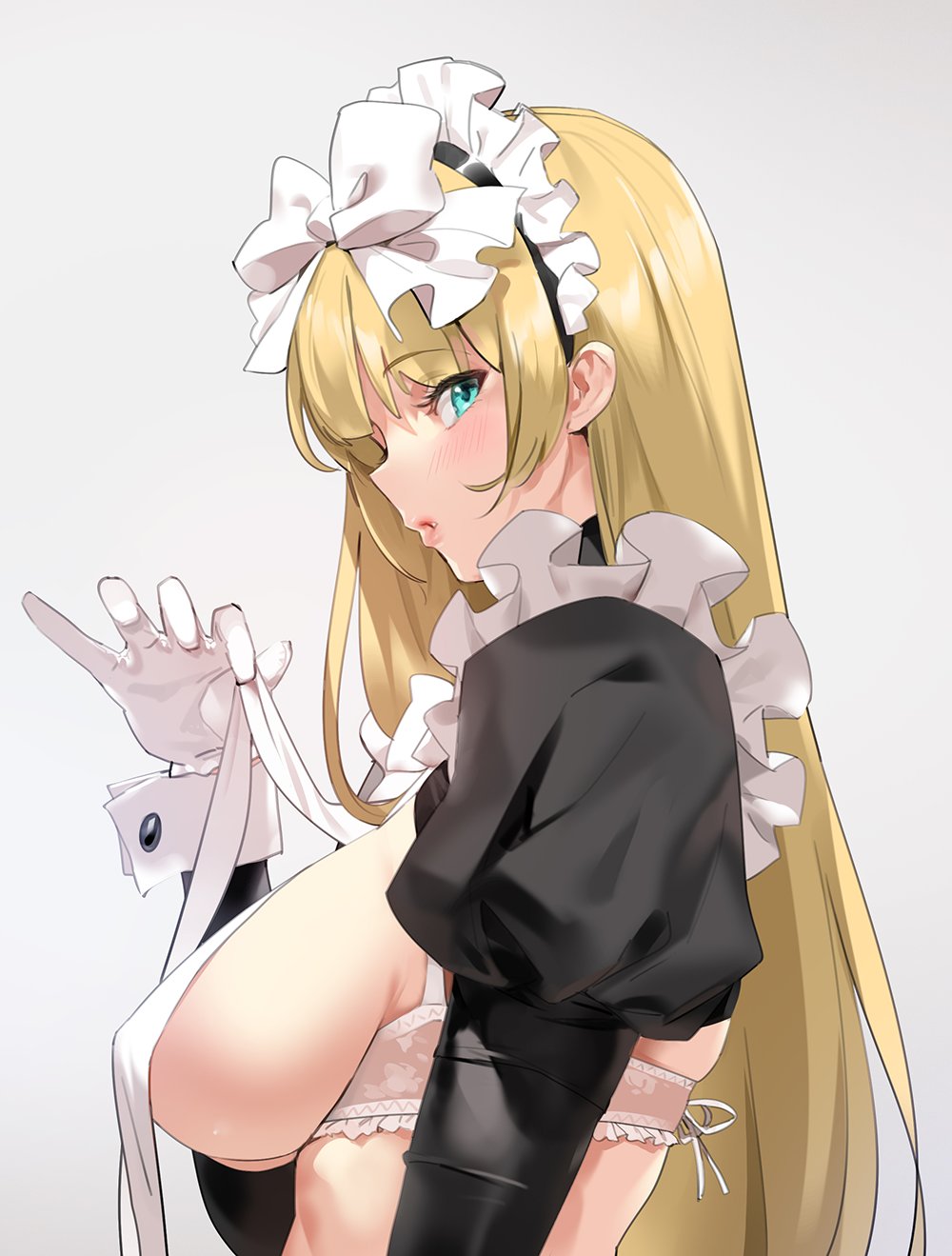 1girl bangs black_dress blonde_hair blush bow bra breasts clothes_lift commentary dress eyebrows_visible_through_hair frilled frills from_side gloves grey_background hair_bow highres large_breasts lifted_by_self lips long_hair long_sleeves looking_at_viewer maid maid_headdress original parted_lips sideboob simple_background solo underwear upper_body white_bow white_bra white_gloves wrist_cuffs yd_(orange_maru)