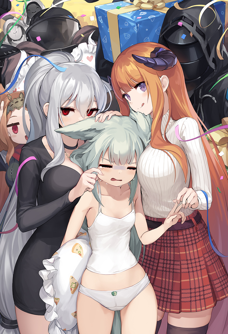 2others 4girls :q =_= alternate_costume animal_ears archetto_(arknights) arknights asicah bagpipe_(arknights) bangs bare_shoulders big_bob_(arknights) black_dress box breasts camisole collarbone commentary confetti doctor_(arknights) dress gift gift_box grani_(arknights) hair_between_eyes hand_on_another's_head highres horns large_breasts long_hair long_sleeves looking_at_viewer midriff multiple_girls multiple_others open_mouth orange_hair panties pillow plaid plaid_skirt red_eyes red_skirt ribbed_sweater silver_hair skadi_(arknights) skirt sweater tears thighs tongue tongue_out underwear very_long_hair violet_eyes white_panties white_sweater