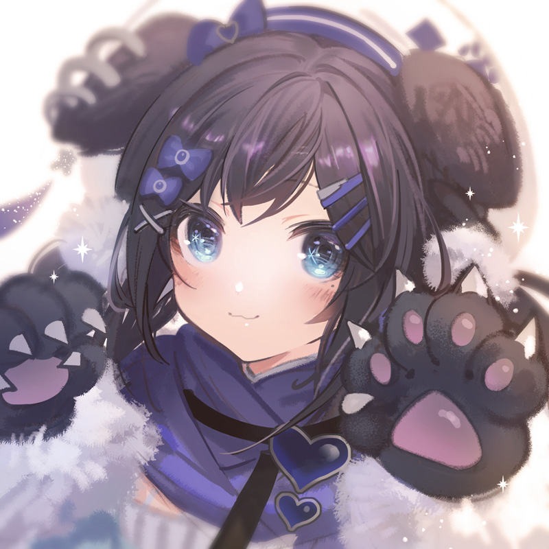 1girl aiba_uiha animal_ears animal_hands bangs beret black_gloves black_hair blue_bow blue_eyes blush bow closed_mouth commentary_request ear_piercing eyebrows_visible_through_hair gloves hair_bow hair_ornament hairclip hands_up hat looking_at_viewer meme_(sgoat_m) mole mole_under_eye nijisanji paw_gloves piercing simple_background smile solo upper_body virtual_youtuber white_background white_headwear x_hair_ornament