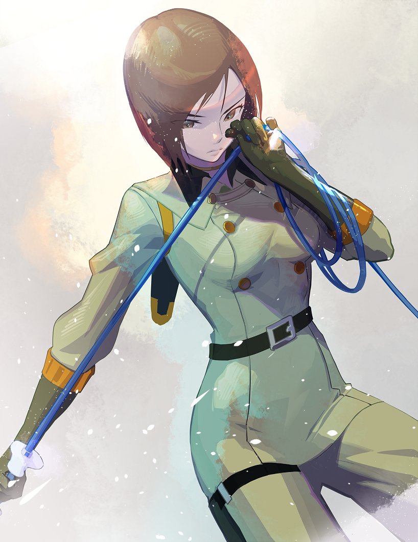 1girl belt bob_cut breasts brown_eyes brown_hair cowboy_shot elbow_gloves ffffcoffee gloves holding holding_whip medium_breasts military military_uniform revision short_hair simple_background the_king_of_fighters uniform whip whip_(kof) white_background