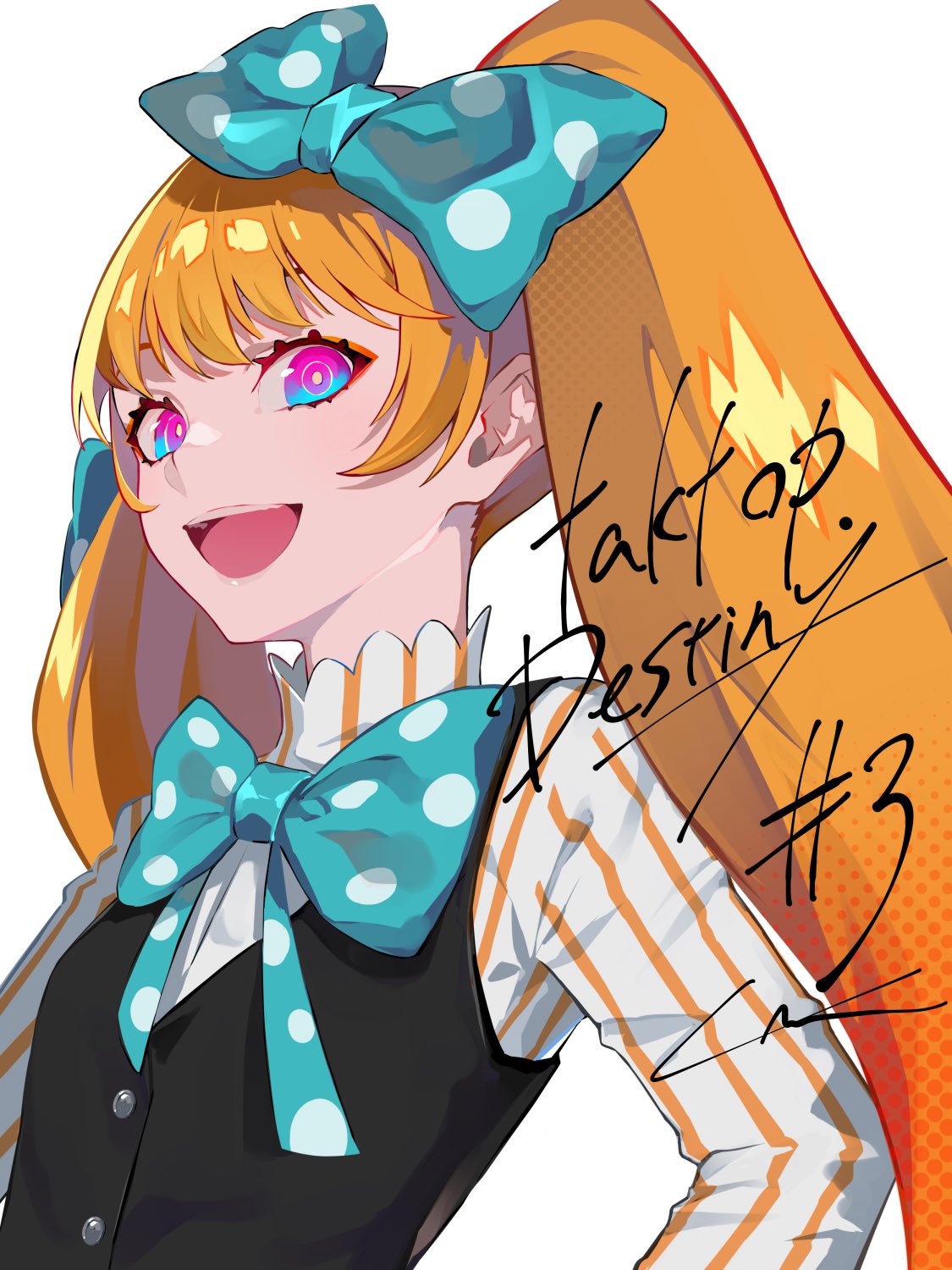 1girl :d bangs black_vest blue_bow blue_eyes bow copyright_name episode_number eyebrows_behind_hair hair_bow heart highres lam_(ramdayo) long_hair long_sleeves looking_at_viewer multicolored_eyes open_mouth orange_hair polka_dot polka_dot_bow shirt signature simple_background smile solo standing striped striped_shirt takt_op._destiny titan_(takt_op.) twintails upper_body vertical-striped_shirt vertical_stripes very_long_hair vest violet_eyes white_background white_shirt