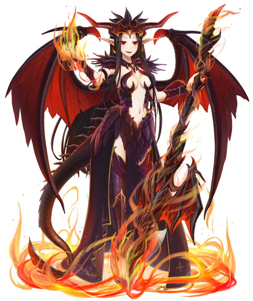 1girl armored_boots black_legwear boots breasts commentary_request dragon_girl dragon_tail dragon_wings fire full_body holding holding_staff long_hair looking_at_viewer magic medium_breasts natsuya_(kuttuki) navel open_mouth orange_horns pointy_ears red_eyes red_wings scales simple_background smile solo staff standing tail thighhighs venus_blade white_background wings