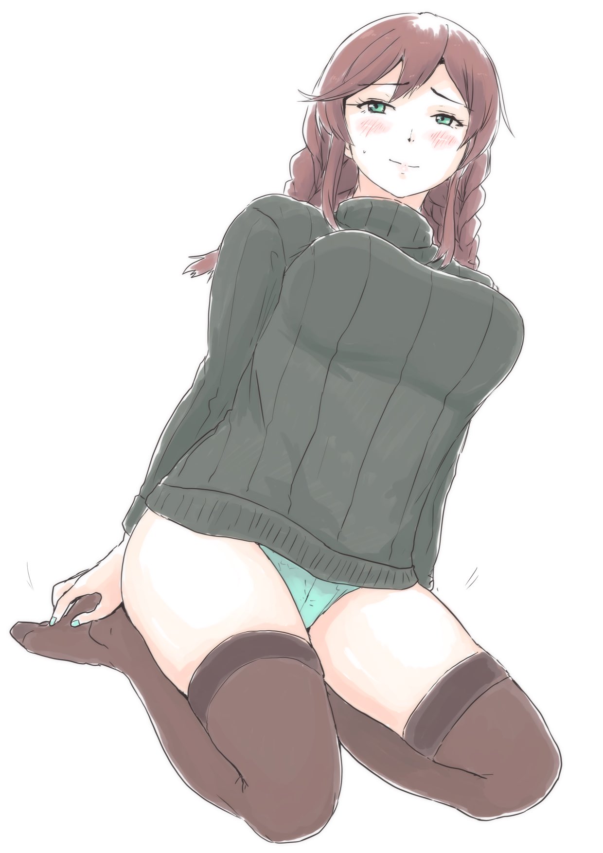 1girl bangs black_legwear black_sweater braid breasts brown_hair dutch_angle green_eyes green_panties highres kantai_collection large_breasts long_hair looking_at_viewer noshiro_(kancolle) panties ribbed_sweater seiza simple_background sitting solo sweater swept_bangs thigh-highs twin_braids underwear vent_arbre white_background