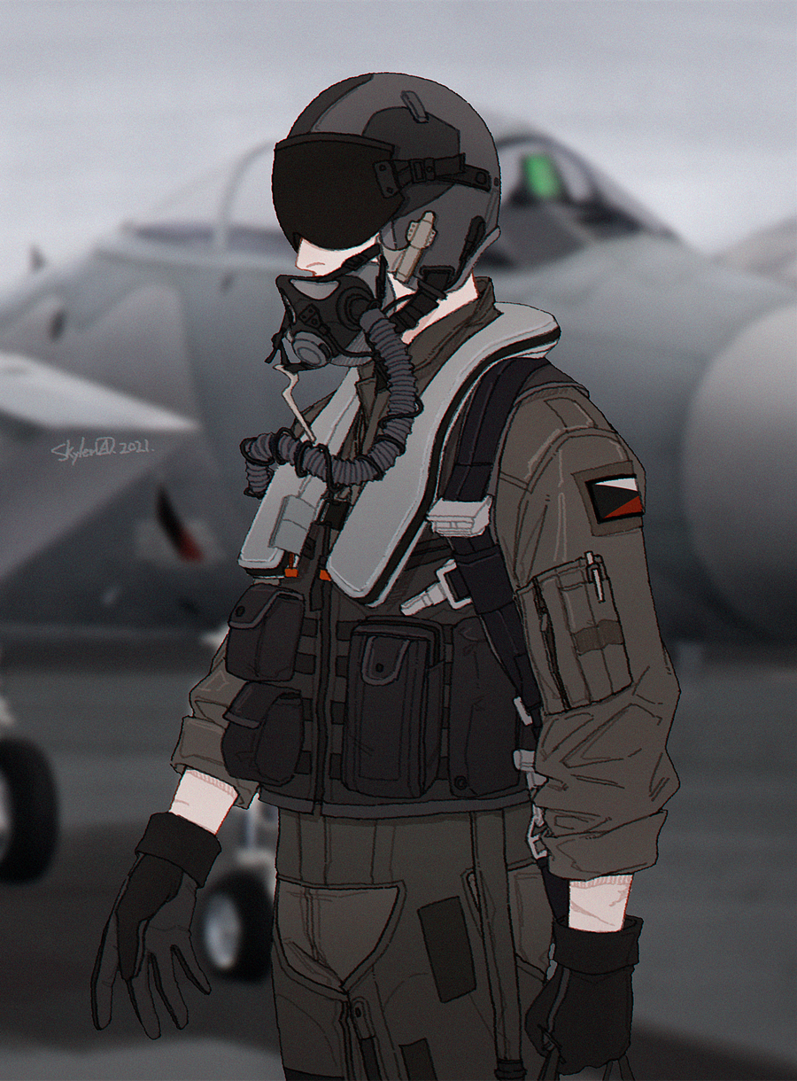 1boy ace_combat ace_combat_zero aircraft airplane cipher_(ace_combat) covered_face fighter_jet gloves helmet highres jet military military_uniform military_vehicle pilot pilot_helmet pilot_suit pilot_uniform skyleranderton uniform