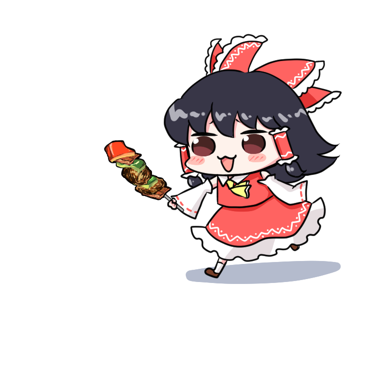 1girl ajitsuki arm_up ascot bangs bare_shoulders black_hair blush bow brown_eyes brown_footwear chibi collar collared_dress detached_sleeves dress eyebrows_visible_through_hair food frills hair_between_eyes hair_ornament hair_tubes hakurei_reimu hand_up leg_up long_sleeves looking_to_the_side open_mouth red_bow red_dress running shadow shoes short_hair simple_background smile socks solo touhou white_background white_legwear wide_sleeves yellow_ascot