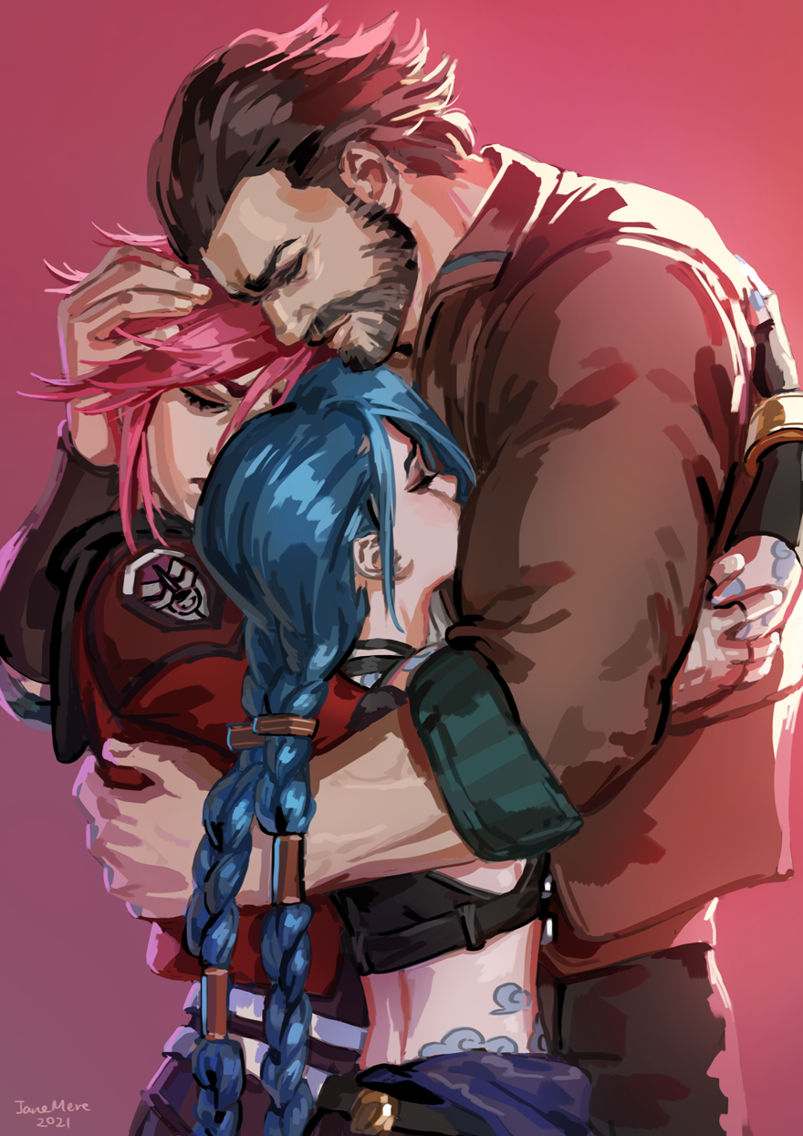 1boy 2021 2girls arcane:_league_of_legends artist_name bangs beard blue_hair braid brown_hair brown_jacket brown_pants closed_eyes closed_mouth cloud_tattoo commentary_request facial_hair father_and_daughter fingerless_gloves gloves gradient gradient_background hair_ornament hand_on_another's_head highres hug jacket jane_mere jinx_(league_of_legends) league_of_legends long_hair multiple_girls pants red_background red_jacket redhead shiny shiny_hair short_hair stomach_tattoo tattoo twin_braids vander_(arcane) vi_(league_of_legends)