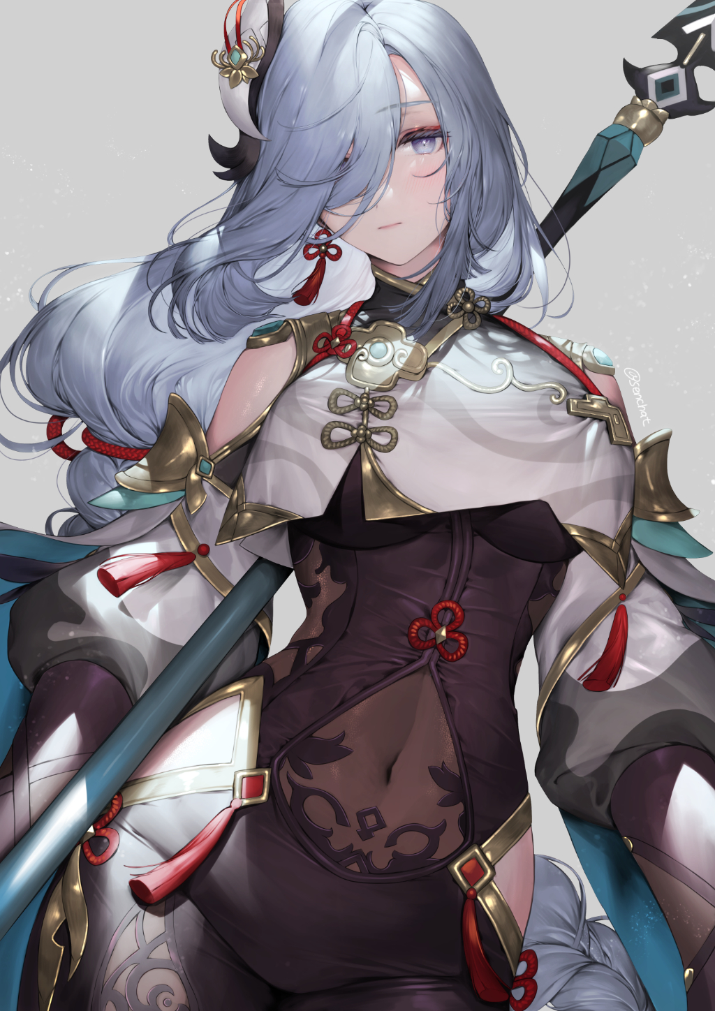 1girl bodysuit braid breasts clothing_cutout covered_navel cowboy_shot crop_top crop_top_overhang earrings genshin_impact gold_trim hair_over_one_eye highres hip_vent holding jewelry large_breasts long_hair long_sleeves looking_at_viewer polearm senchat shenhe_(genshin_impact) shirt shoulder_cutout single_braid solo spear tassel under_boob very_long_hair violet_eyes weapon white_hair white_shirt