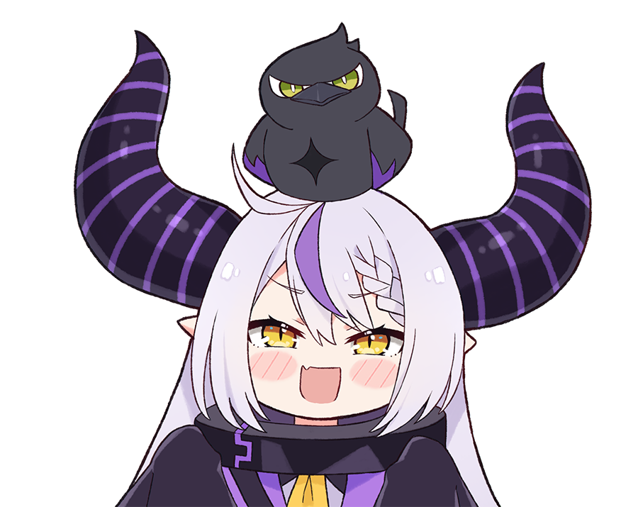 1girl ahoge animal_on_head asymmetrical_hair bangs bird bird_on_head black_coat blush blush_stickers braid chibi coat collar commentary crow_(la+_darknesss) demon_horns english_commentary eyebrows_visible_through_hair fang french_braid hair_between_eyes hololive horns kukie-nyan la+_darknesss long_hair looking_at_viewer metal_collar multicolored_hair on_head open_mouth pointy_ears portrait purple_hair silver_hair single_braid skin_fang sleeves_past_fingers sleeves_past_wrists slit_pupils smug solo streaked_hair striped_horns two-tone_hair virtual_youtuber yellow_eyes