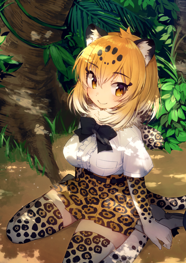 1girl animal_ear_fluff animal_ears animal_print arm_support backlighting bangs belt black_belt black_bow black_bowtie bow bowtie breast_pocket breasts brown_eyes c: center_frills closed_mouth comiket_96 dappled_sunlight day dot_nose elbow_gloves eyebrows_visible_through_hair eyes_visible_through_hair frilled_shirt frills from_above from_side fur_collar gloves gradient_hair grass hair_between_eyes hatagaya high-waist_skirt jaguar_(kemono_friends) jaguar_ears jaguar_girl jaguar_print jaguar_tail kemono_friends large_breasts leaf light_blush light_brown_eyes looking_at_viewer looking_to_the_side looking_up miniskirt multicolored_hair nature on_ground orange_hair outdoors palm_leaf plant pleated_skirt pocket print_gloves print_legwear print_skirt roots shade shirt shirt_tucked_in shoes short_hair short_sleeves sidelocks sitting skirt smile solo sunlight tail thick_thighs thigh-highs thighs tree tree_shade tsurime wariza white_footwear white_shirt zettai_ryouiki